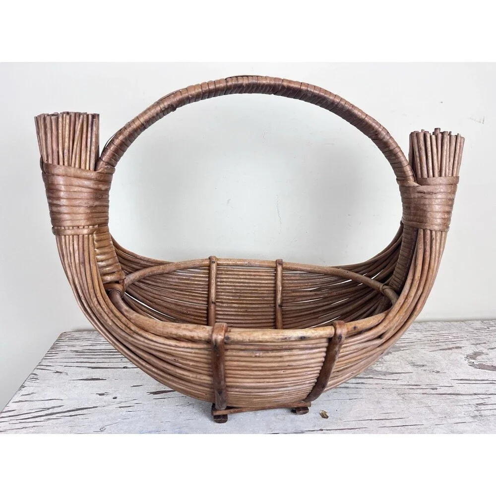 Vintage MCM Handmade Bamboo and Rattan Boat Shaped Fruit Basket With Handle Boho